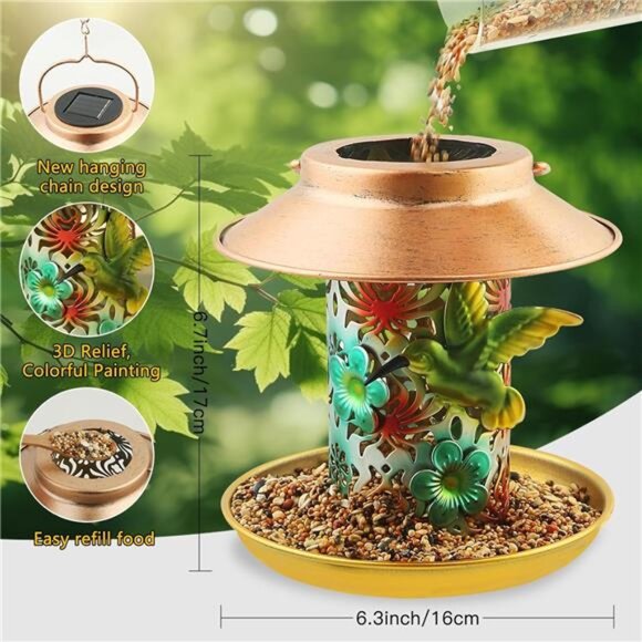 Solar Bird Feeder for Outdoors Hanging, Gifts for Mom Grandma Women, Metal - Picture 3 of 8